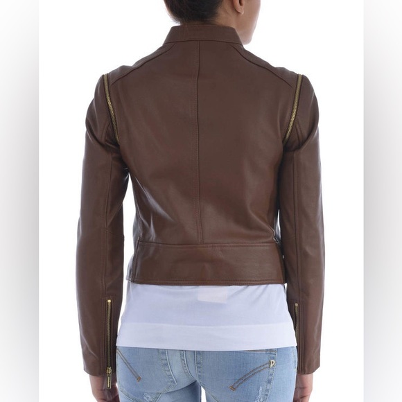 Michael Kors Biker 2 in 1 convertible vest brown leather jacket gold hardware - Picture 14 of 15